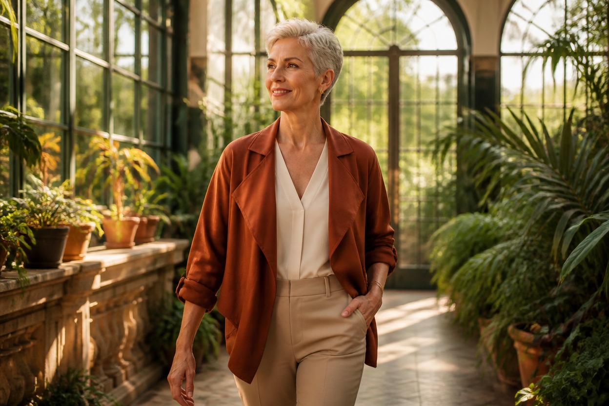 Adult woman with short silver hair walking through a sunlit conservatory in a rust jacket.