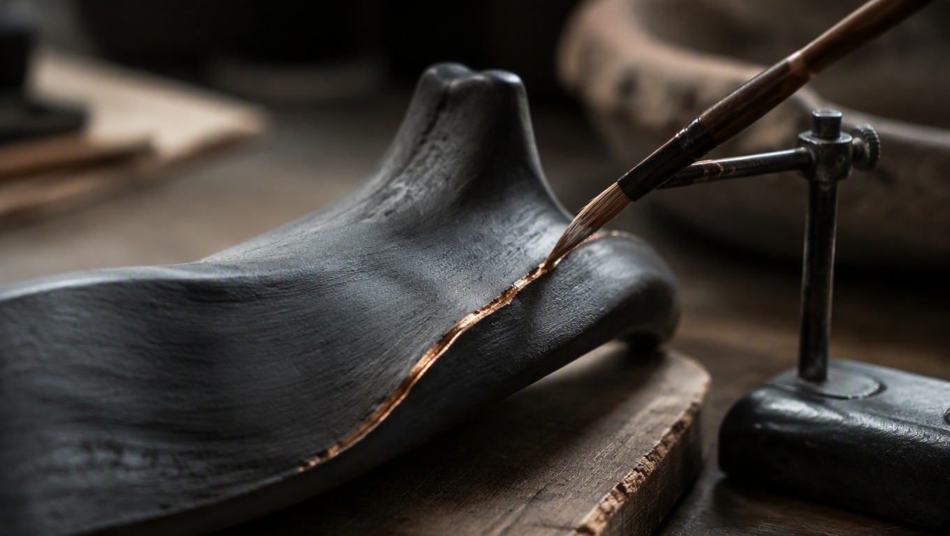Fine brush refining a copper-gold accent on a matte charcoal sculpture