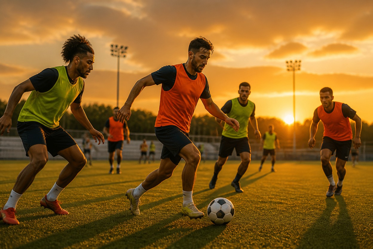 Adult football players training at sunset