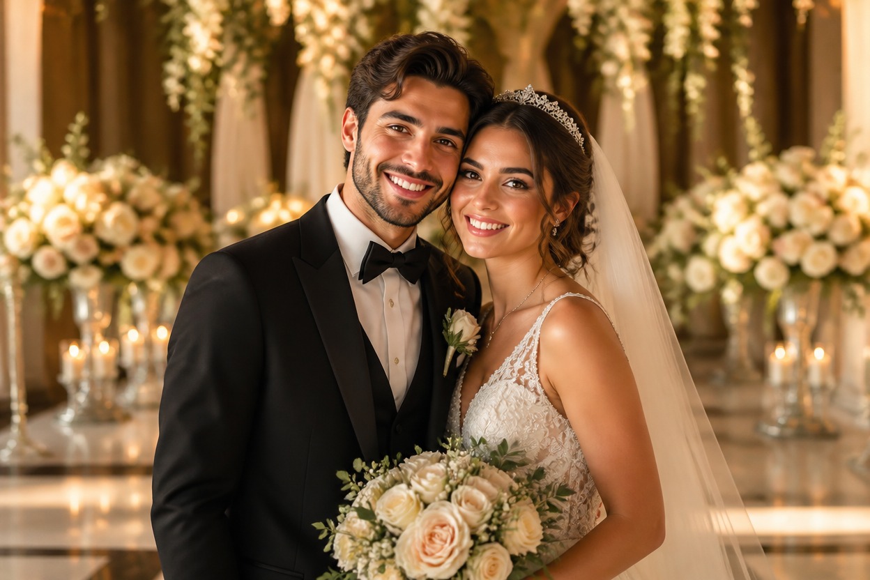 Portrait transformed into a complete wedding scene with formal attire and elegant décor