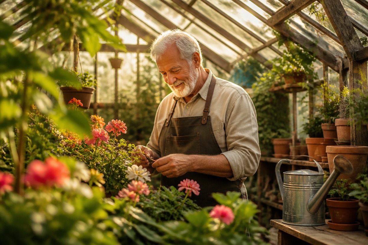 Original older gardener framed within a layered greenhouse scene