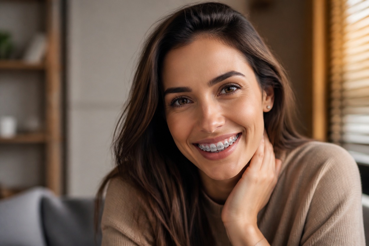 Three-quarter portrait with braces integrated into a natural smile
