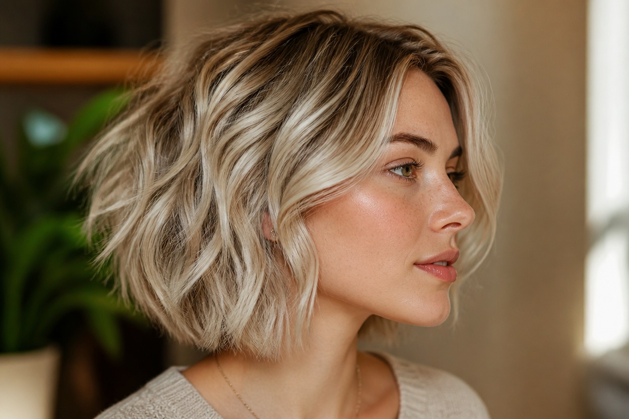 Profile portrait with an ash-blonde wavy bob, visible hairline, fine strands, and natural shine.