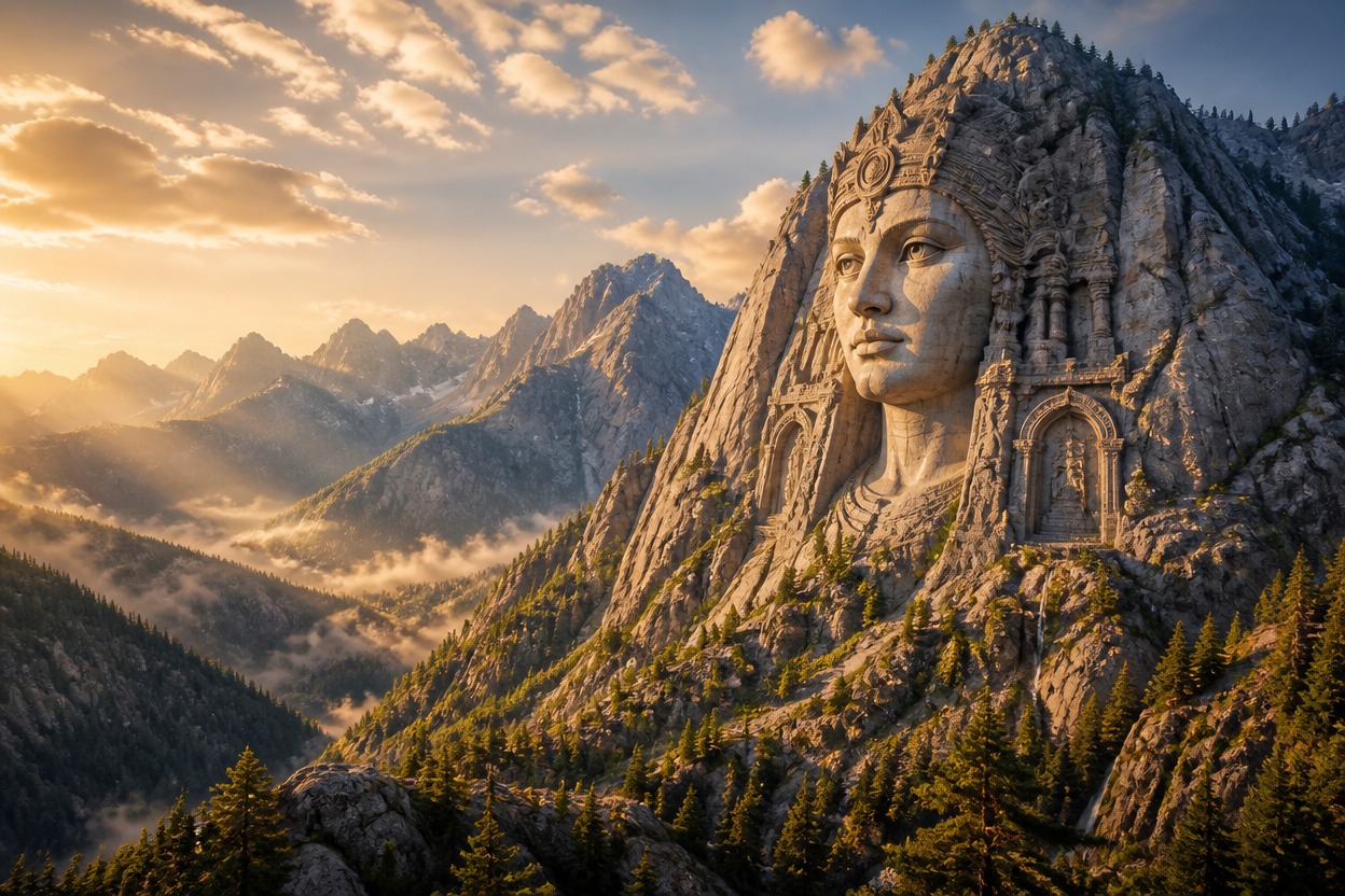 Wide mountain landscape with a unified fictional granite monument.