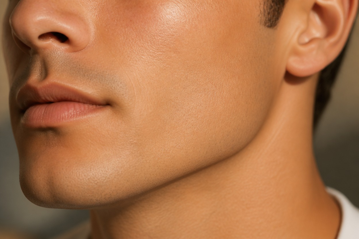 Close-up of a clean-shaven jawline with natural skin texture