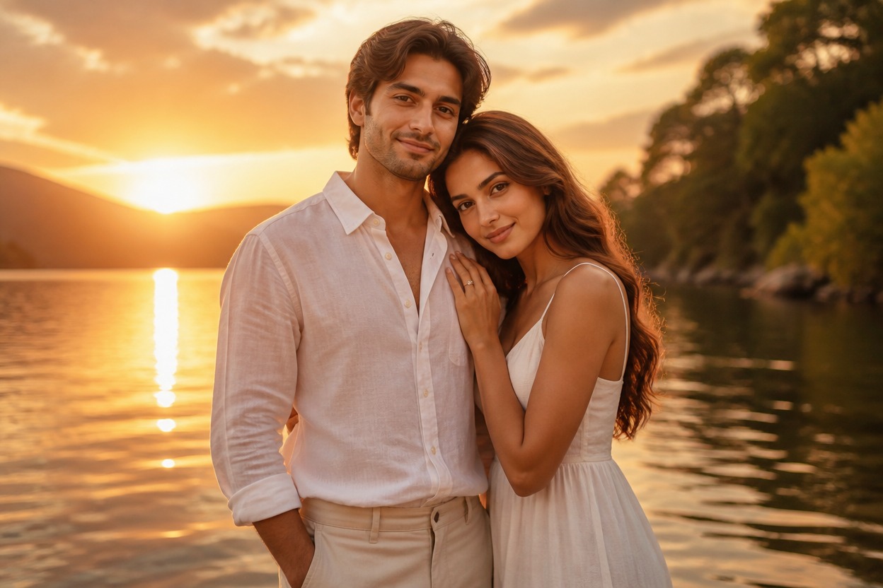 Couple in coordinated light clothing by a lake at sunset