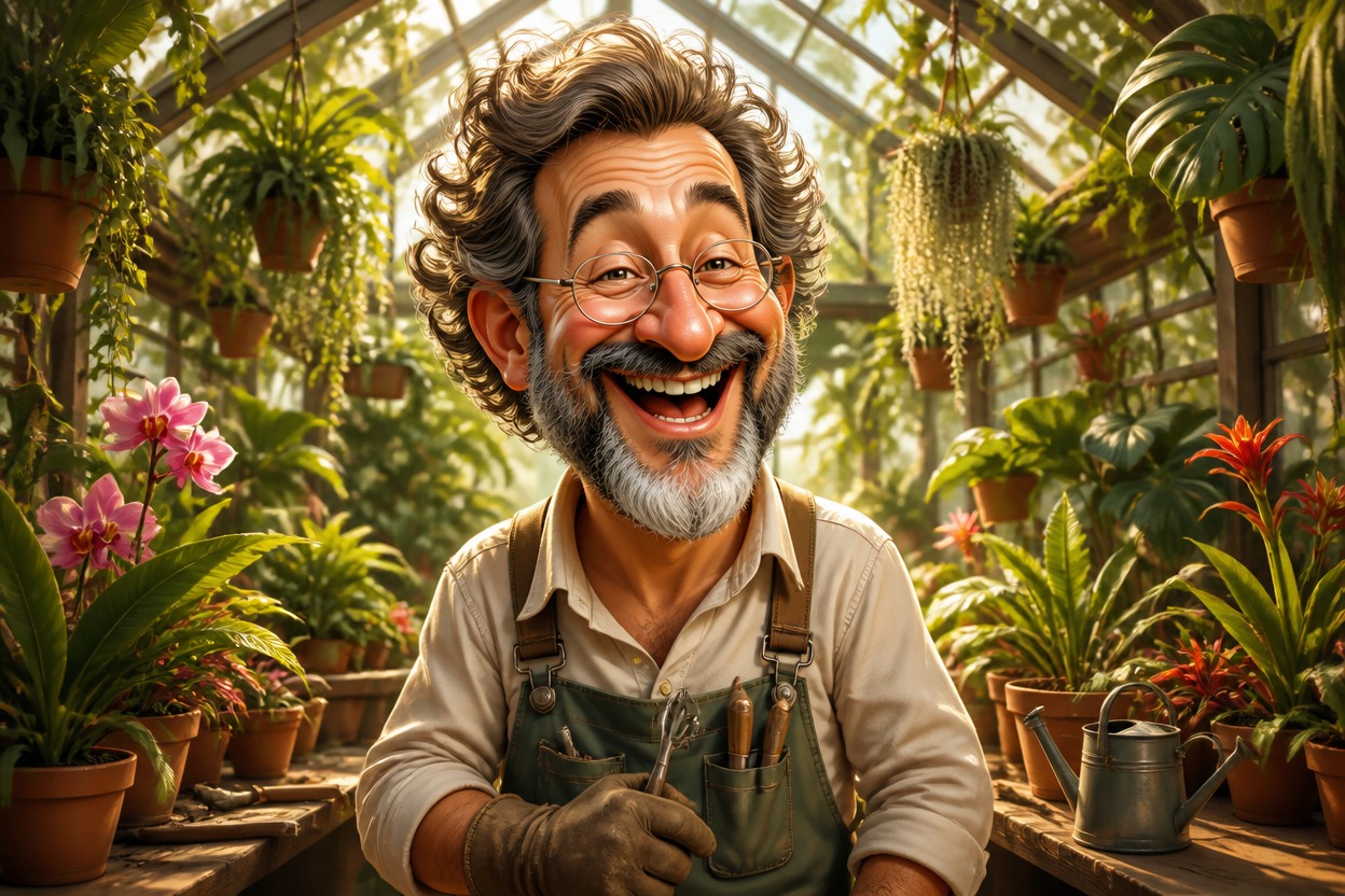 Laughing caricature gardener in a detailed greenhouse