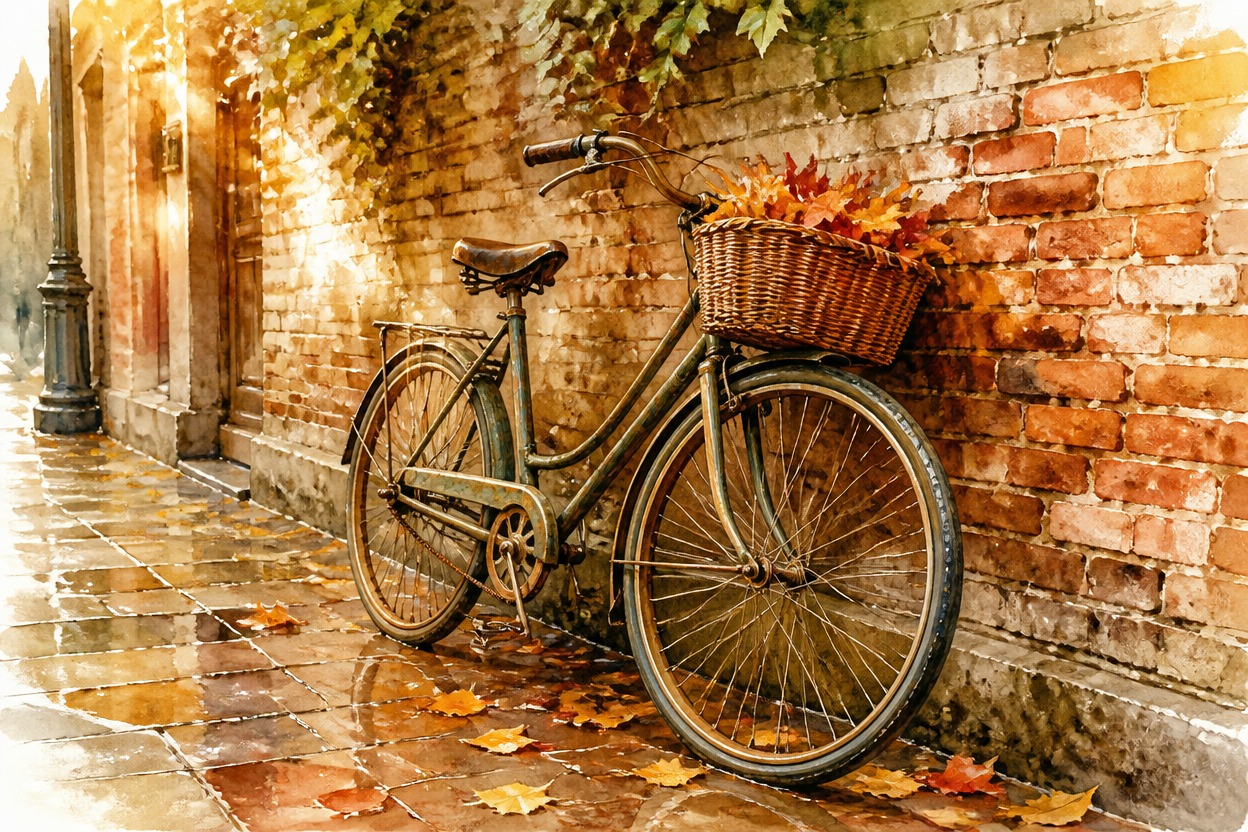 Watercolor bicycle beside a rain-washed brick wall on an autumn street