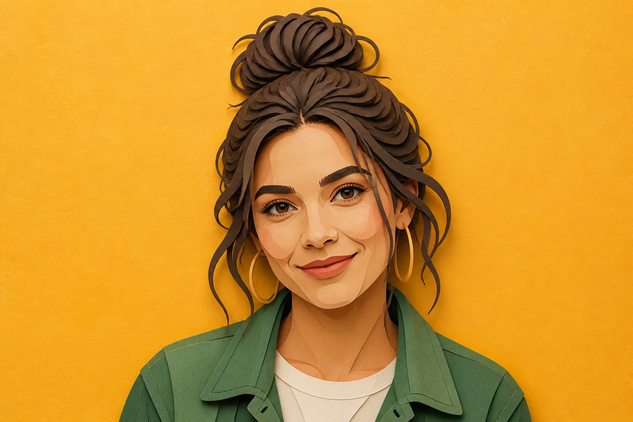 Original cut-paper character reflecting distinctive hair, expression, clothing, and pose