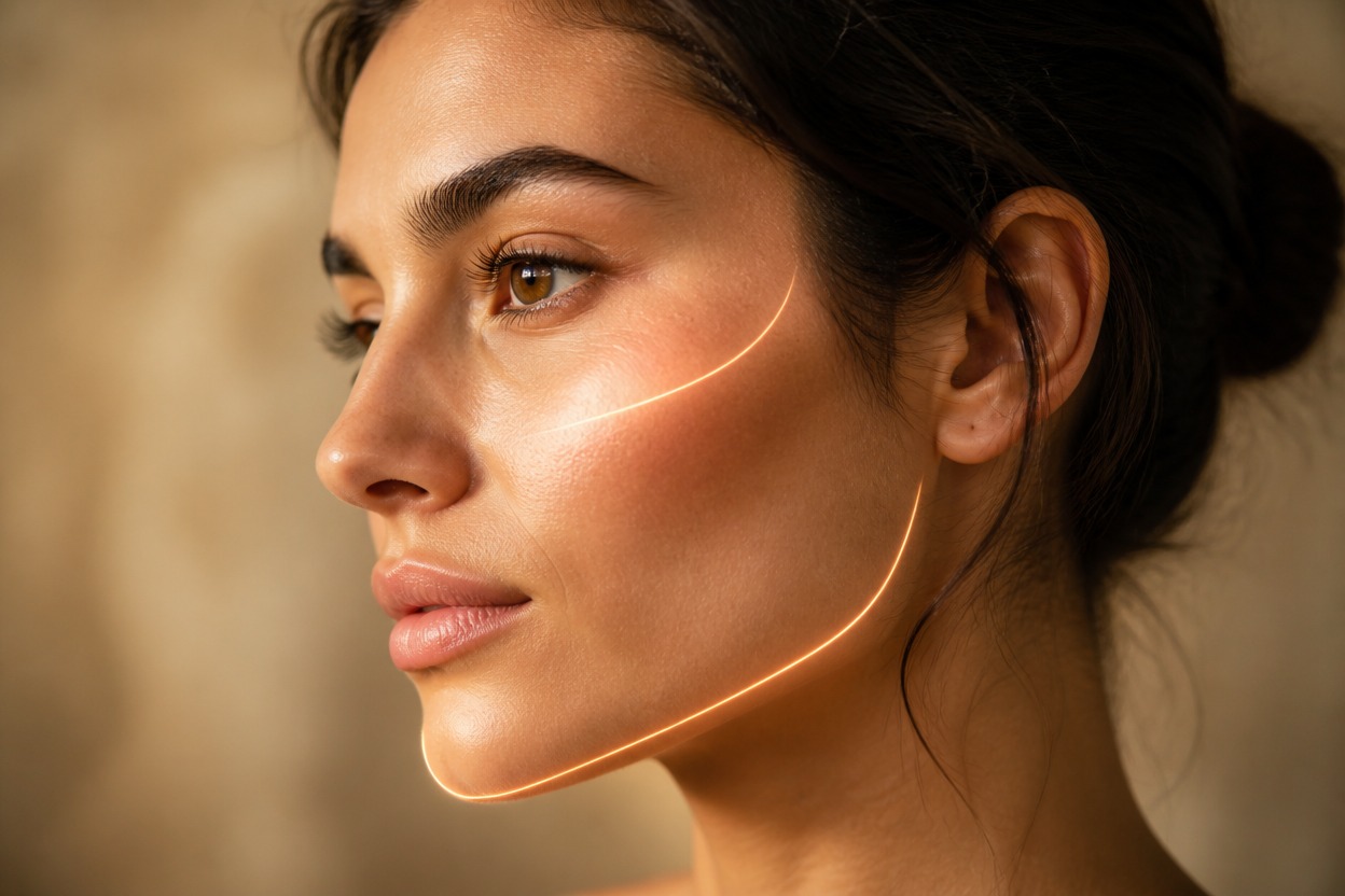 Editorial portrait highlighting natural facial contours with soft lighting