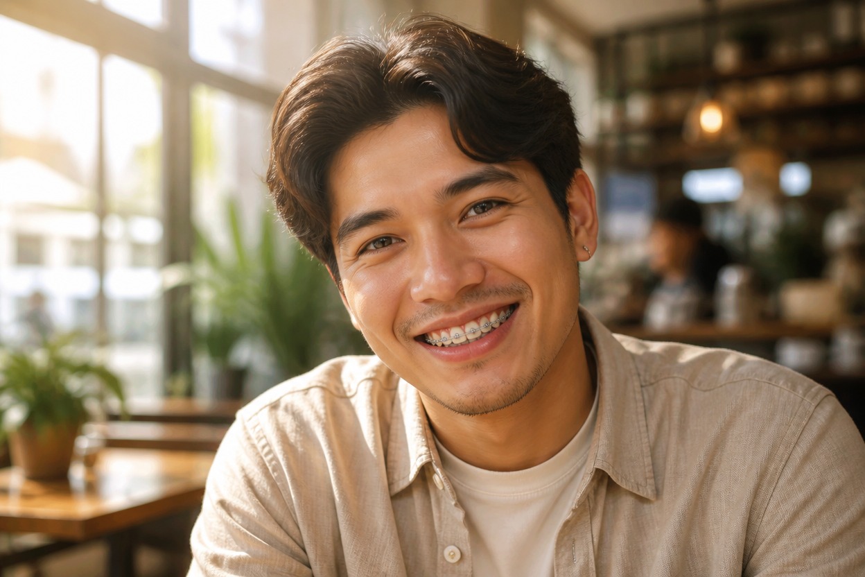 Smiling person with braces in a bright café setting