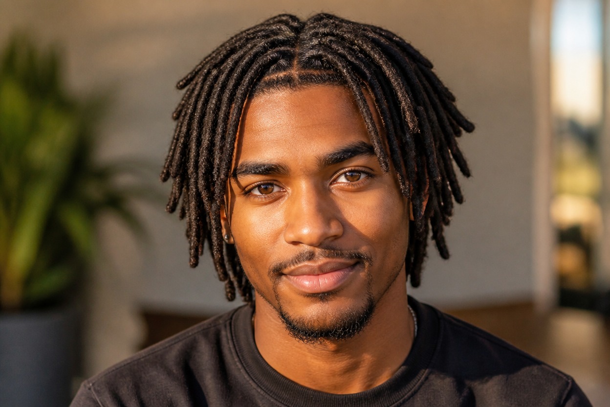 Portrait with locs shaped to the subject's head angle and facial proportions