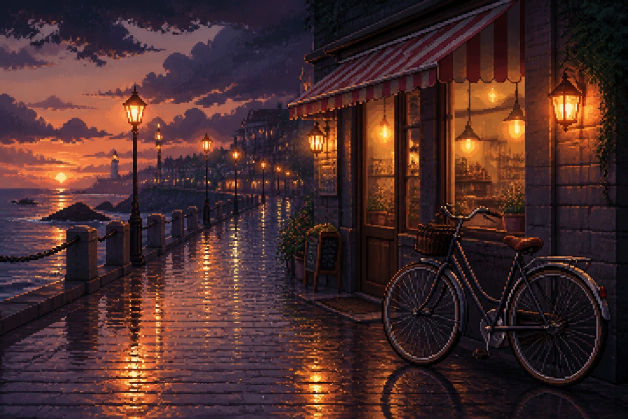 Pixel art rainy coastal promenade with a bicycle beside a warmly lit cafe