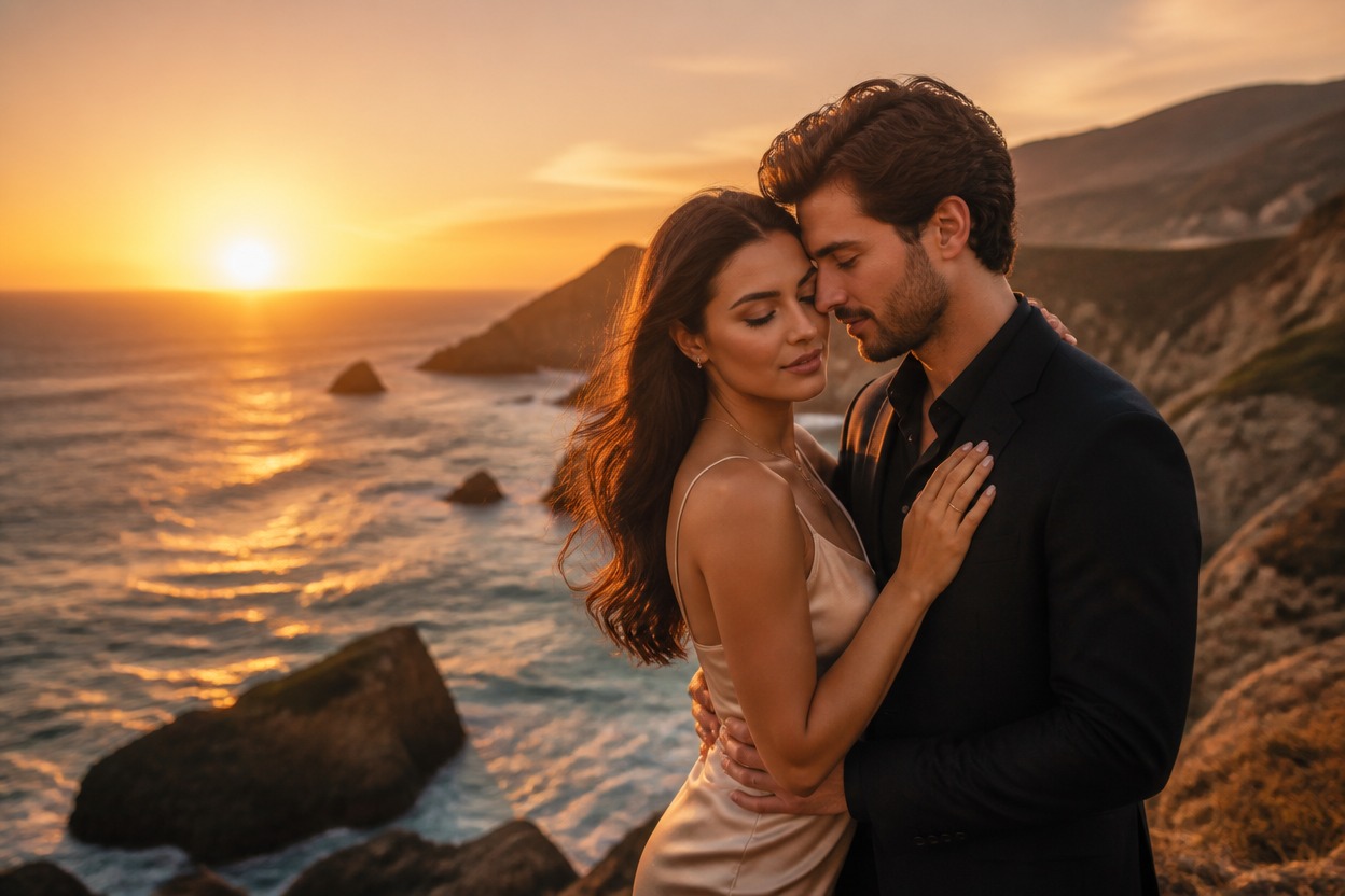 Elegantly dressed couple embracing on a rocky coast at sunset