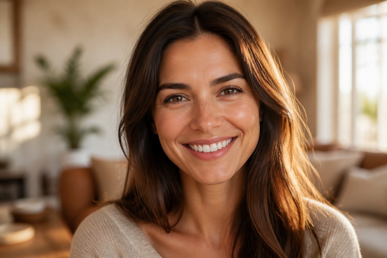 Finished smiling portrait in a sunlit interior