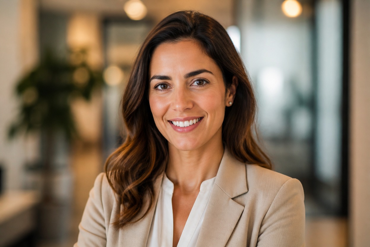Unified editorial headshot of an adult against a softly blurred office background