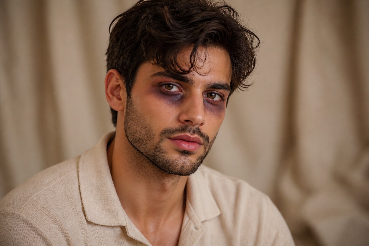 Three-quarter adult portrait with theatrical eye makeup blended into natural skin and lighting.