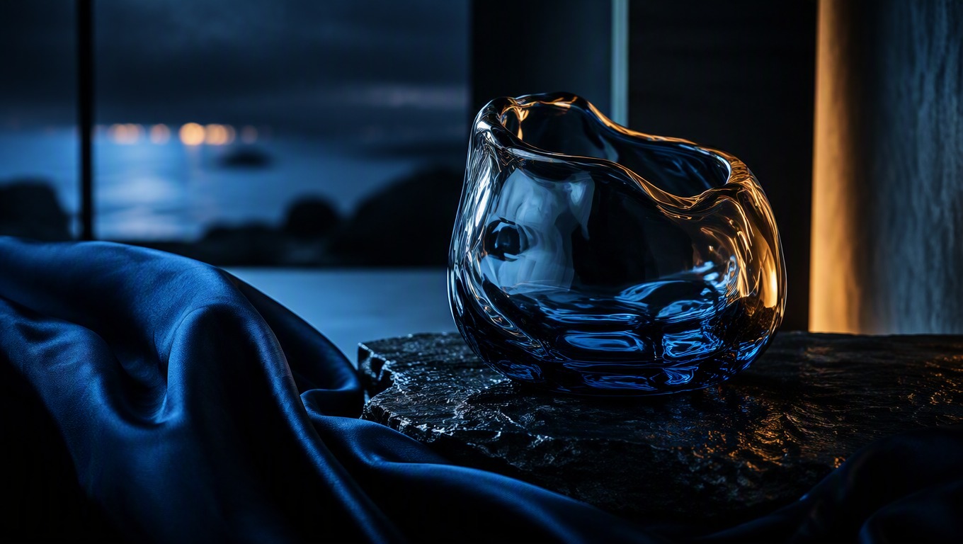 Translucent glass vessel with indigo silk on volcanic stone in cinematic blue and amber light