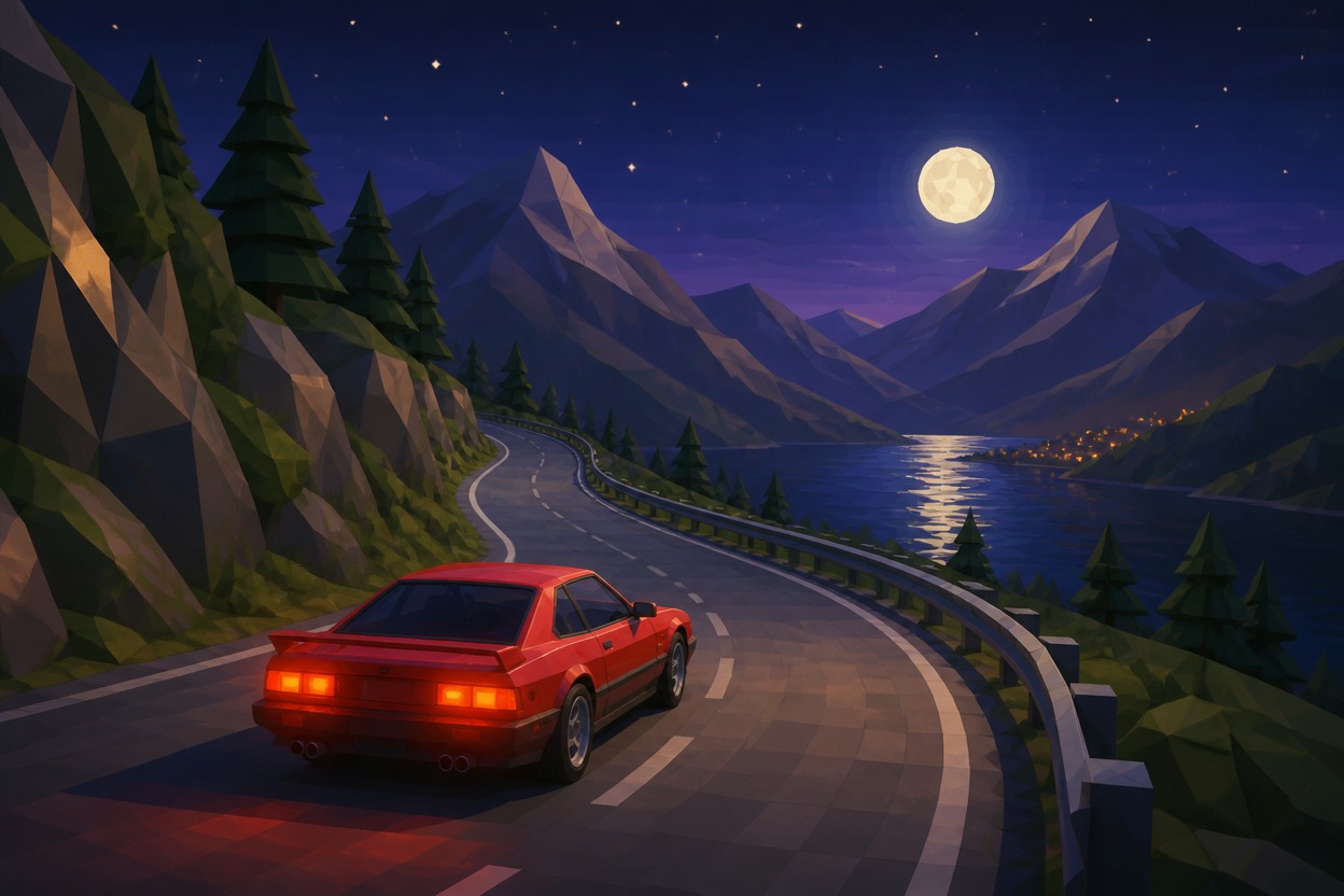 Car traveling along a moonlit low-poly mountain road