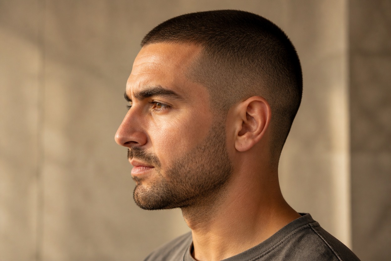 Side-profile portrait of an adult with a clean, even buzzcut