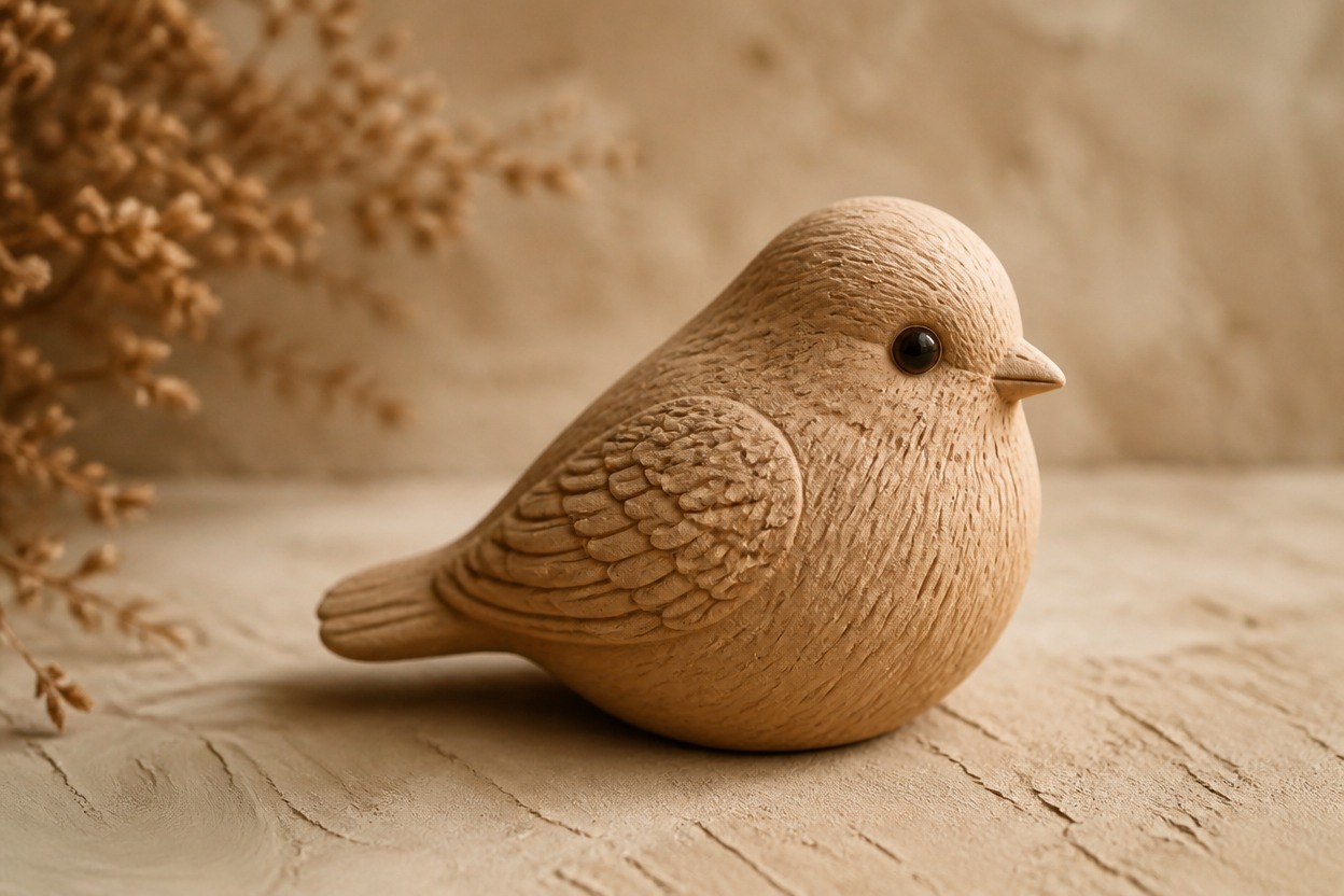 Close-up of a small matte clay bird with pressed feather marks