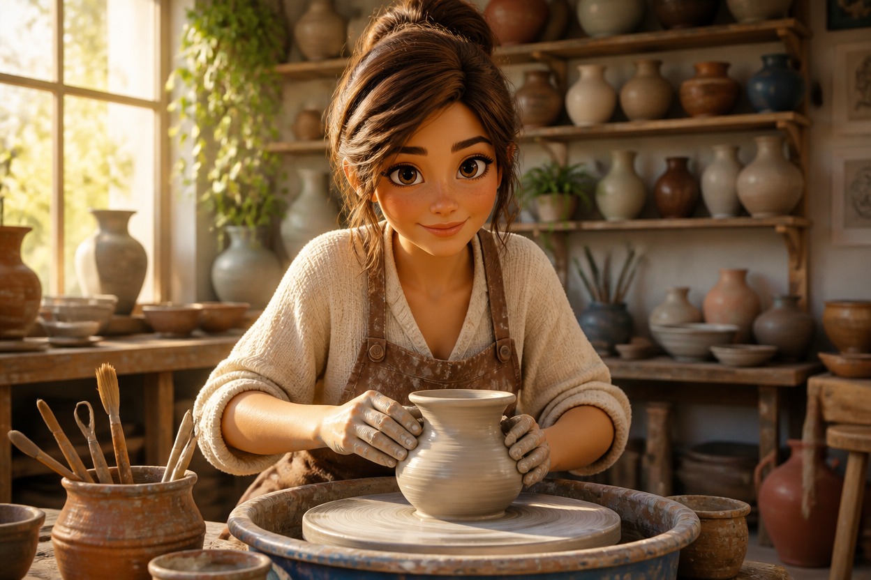 Original 3D character in a fully rendered ceramic studio scene