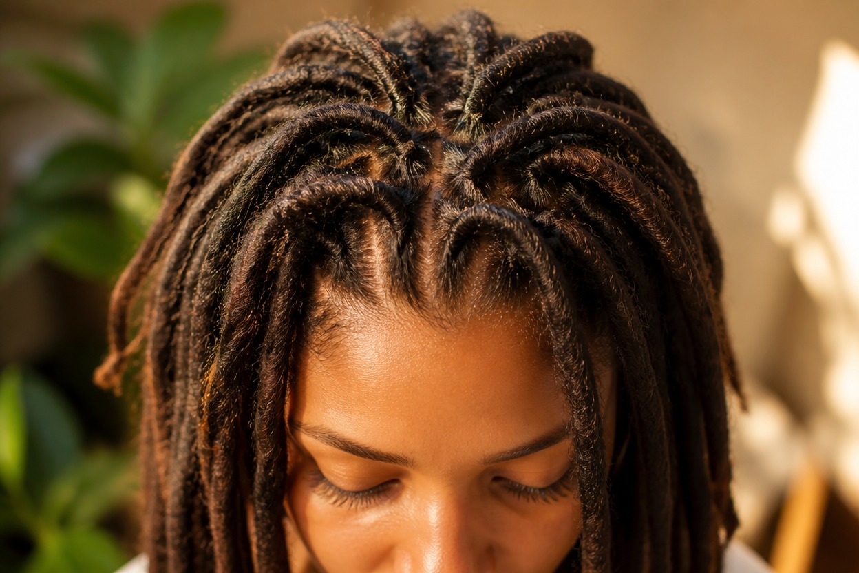 Close portrait showing natural loc roots, varied texture, and realistic volume