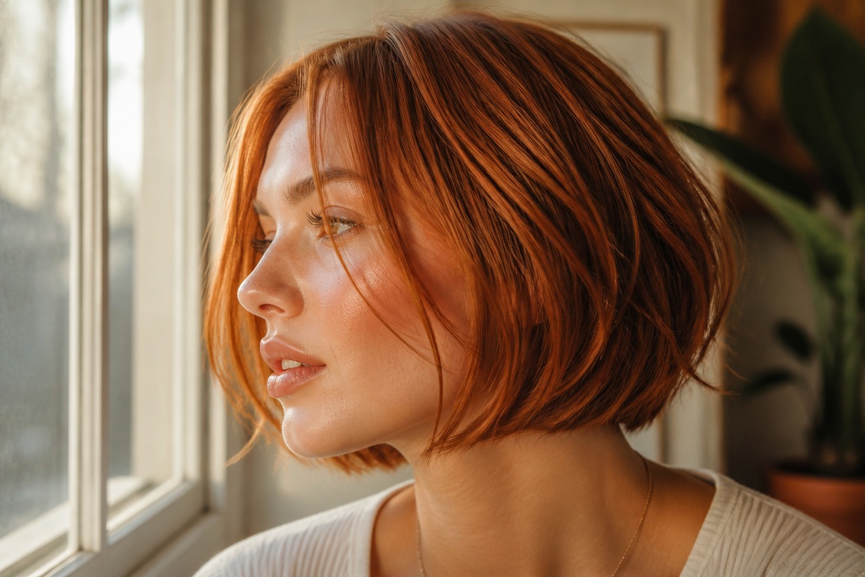 Side-profile portrait of a woman with a textured copper-red chin-length bob and soft face-framing strands beside a bright window.