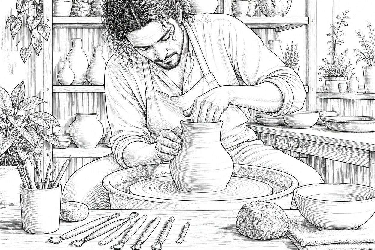 Ceramic artist shaping a clay pot in a studio filled with vessels, tools, and plants