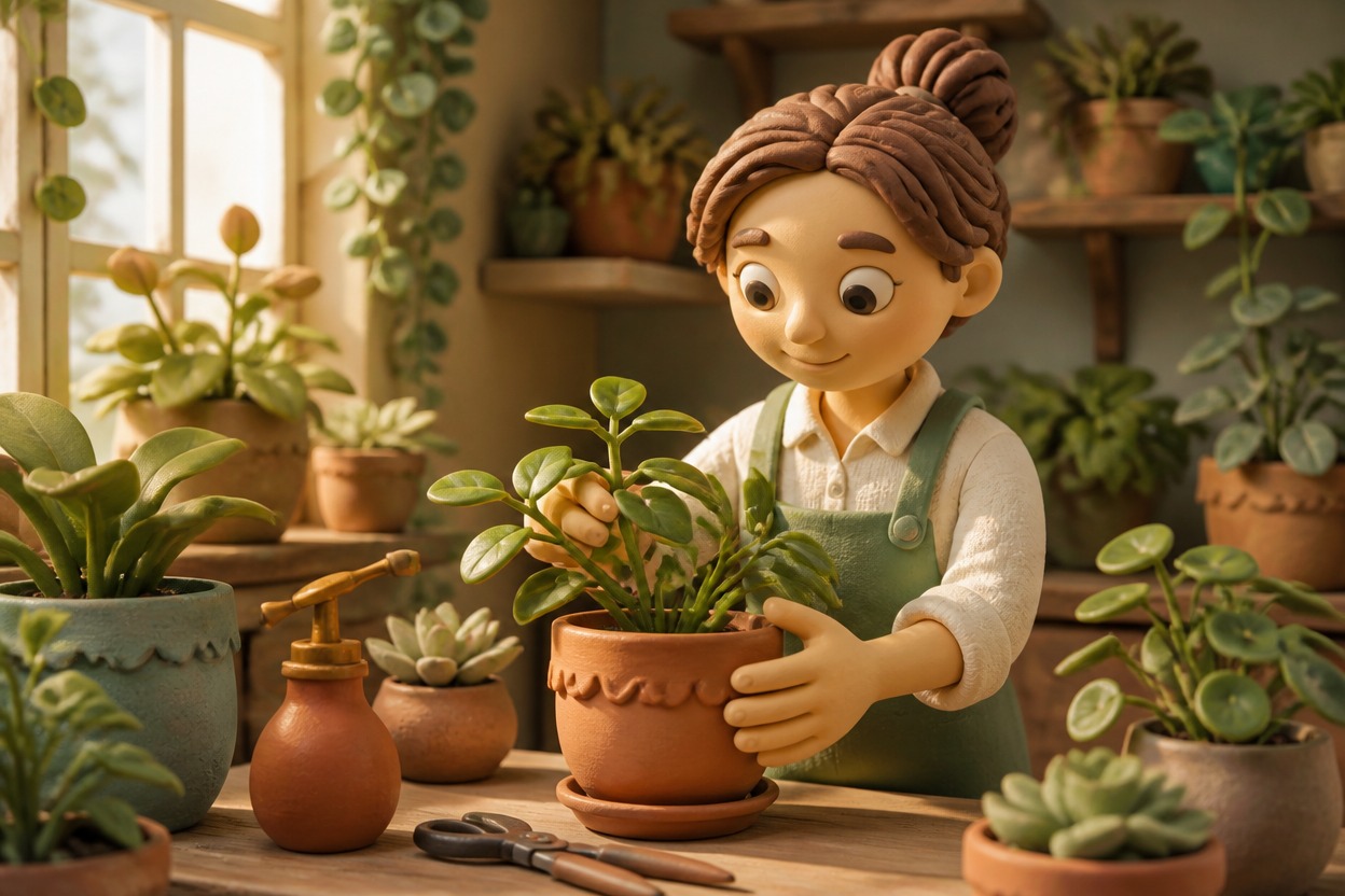 Clay gardener inside a fully sculpted indoor garden scene