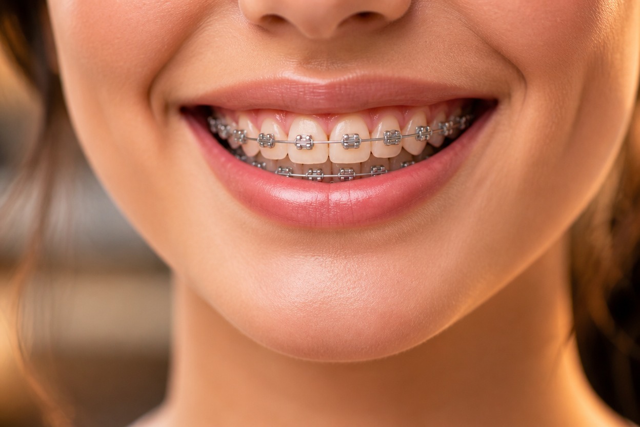 Close view of a natural smile with realistic metal braces