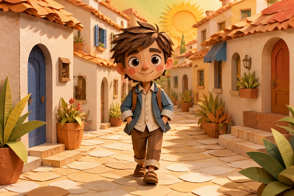 Original cartoon character in a unified cut-paper neighborhood scene