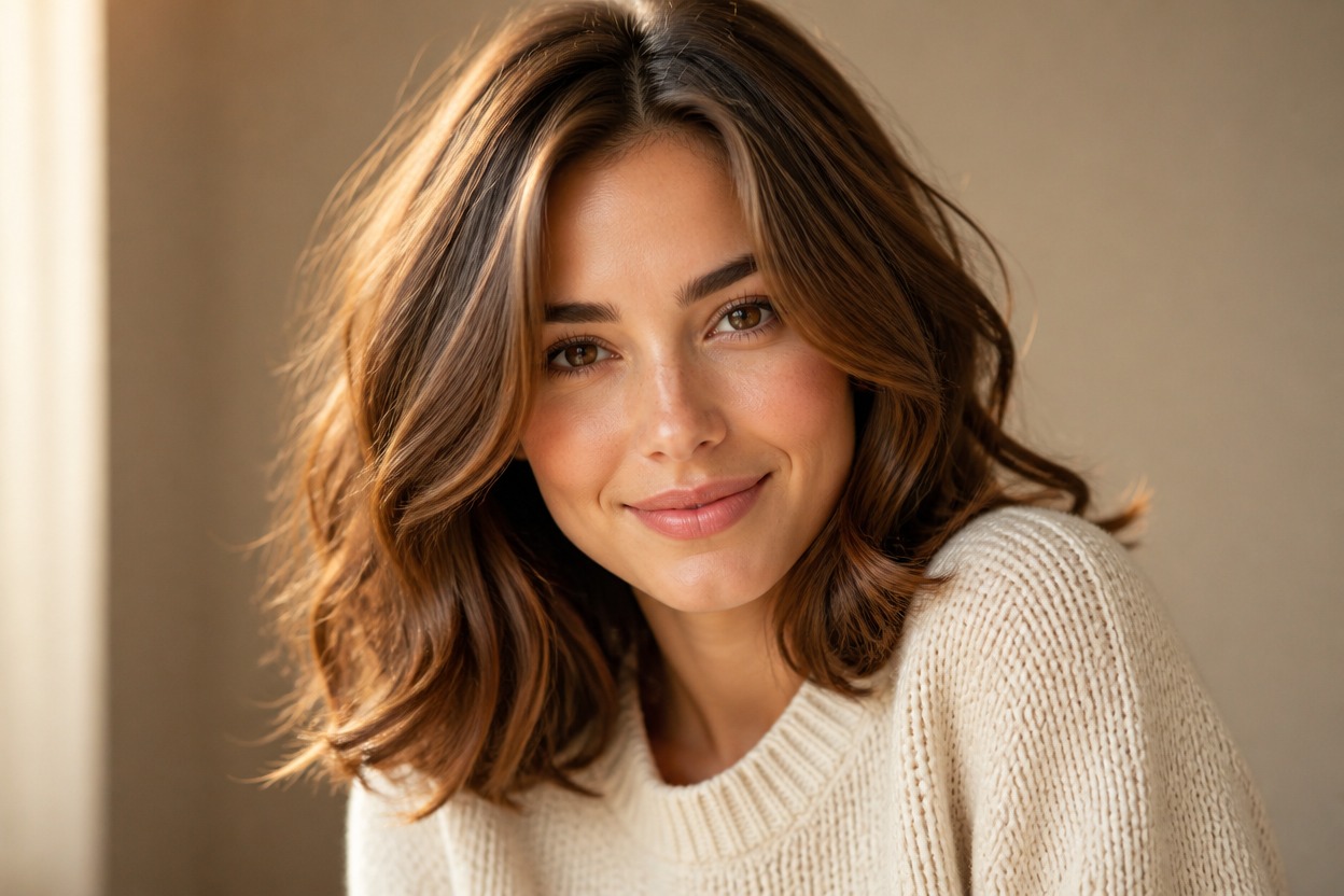Fictional adult portrait emphasizing natural facial structure, hairstyle, expression, and pose