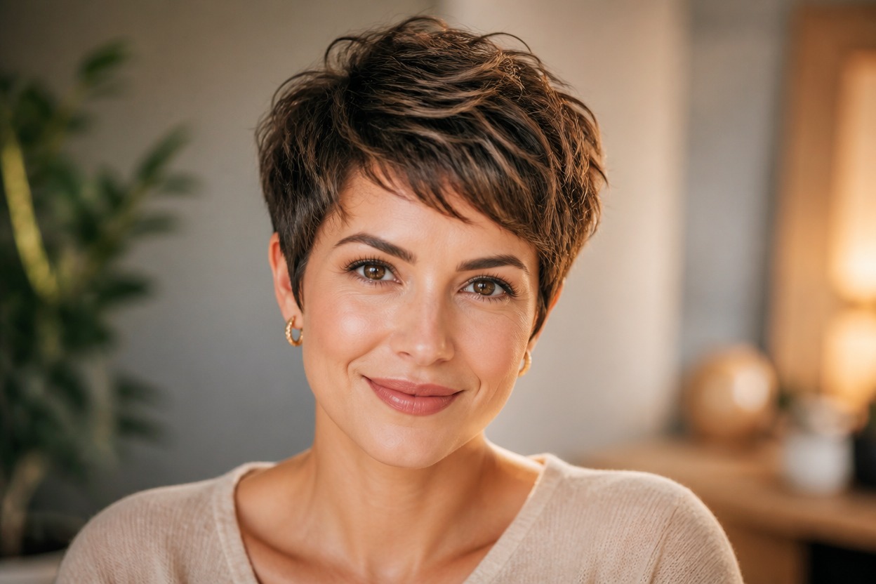 Woman with a short layered pixie haircut in a frontal portrait