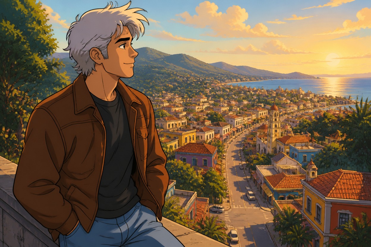 Original silver-haired cartoon character overlooking a colorful town