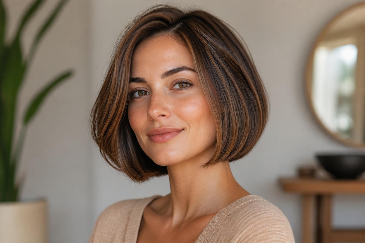 Three-quarter portrait of a woman with a smooth chin-length brown bob shaped around her jawline.
