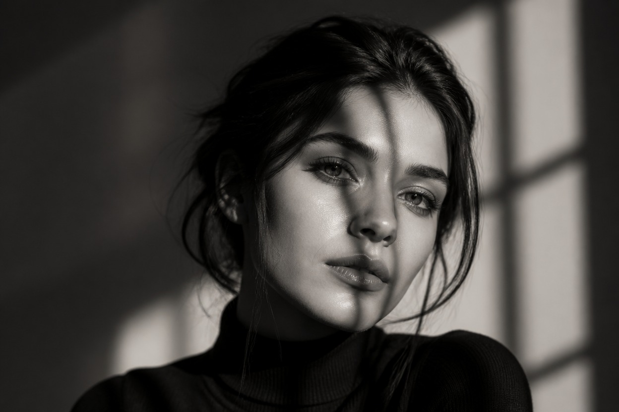 Monochrome window-lit portrait with focused highlights and dimensional shadows.