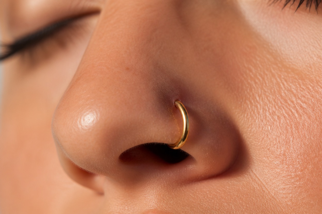 Macro portrait showing realistic nostril jewelry placement and lighting
