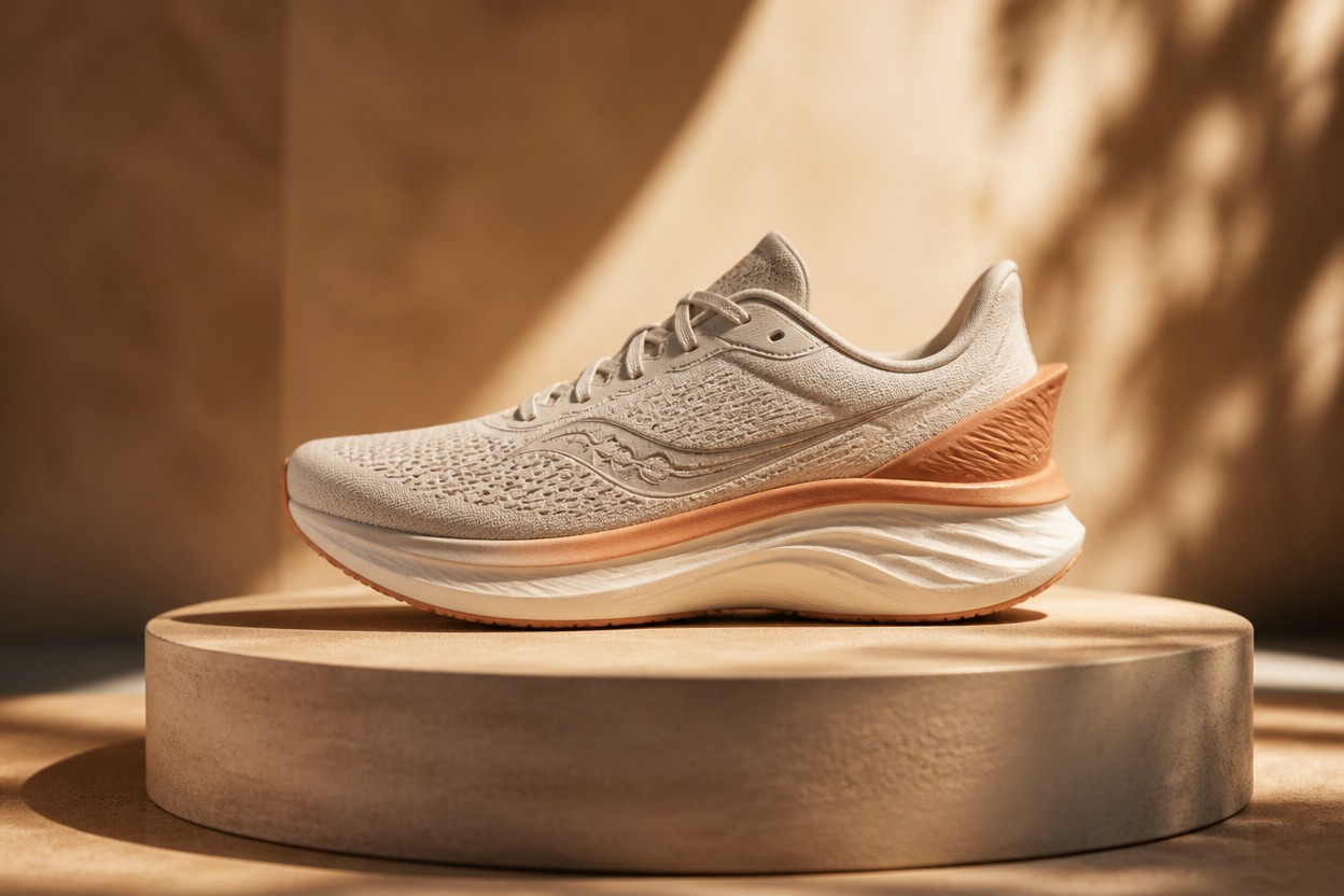 Running shoe displayed on a studio pedestal in warm athletic lighting