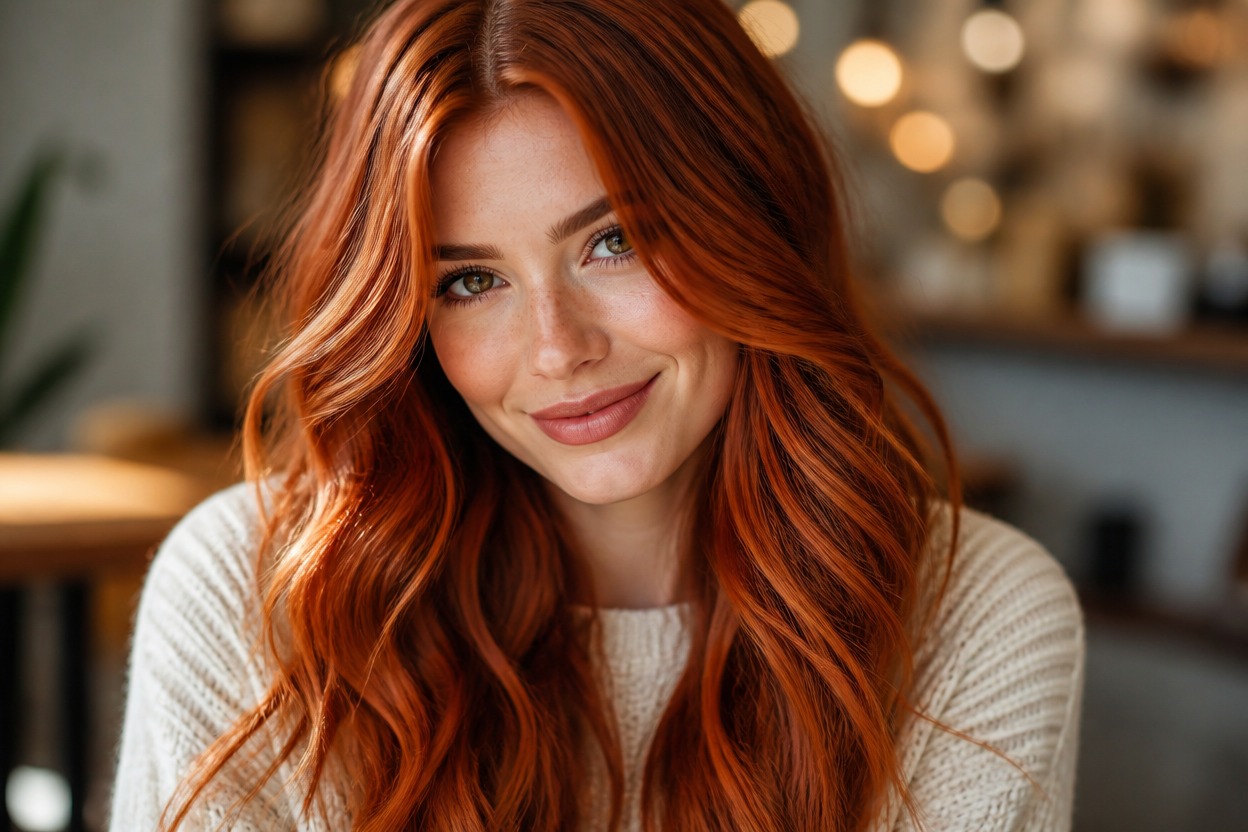 Portrait with dimensional copper-red hair, natural highlights, and lowlights.