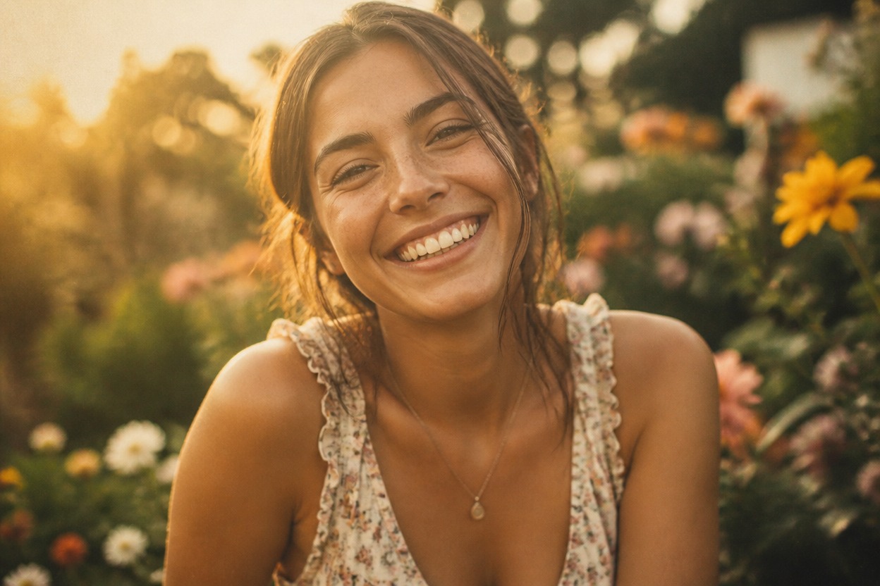 Full-frame outdoor candid portrait with unified natural light and a soft instant-film finish