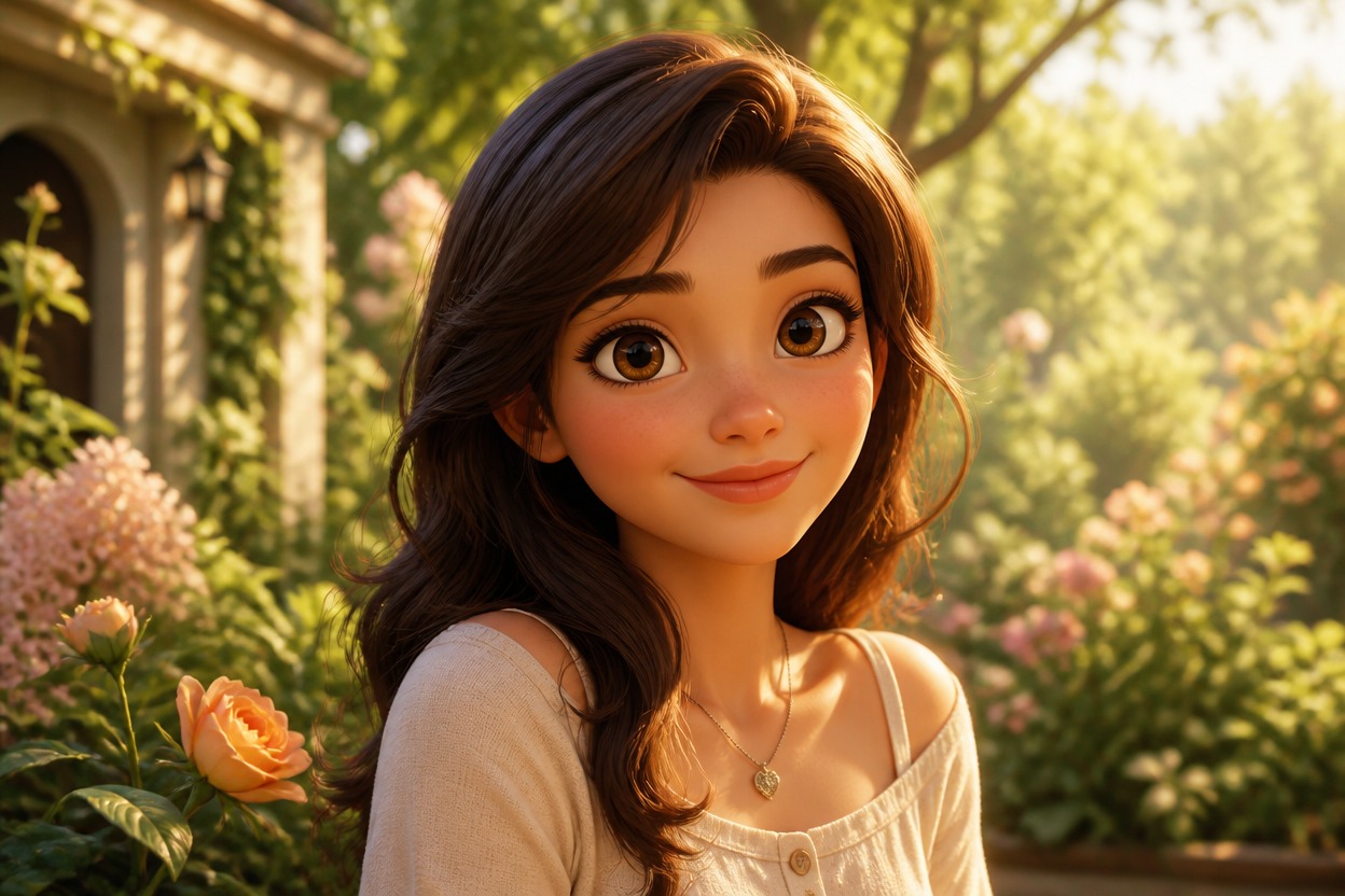 Expressive original 3D character in a sunlit garden setting