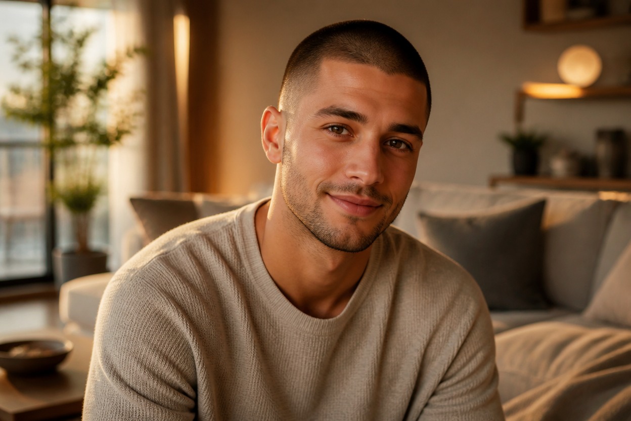 Adult with a natural buzzcut standing in a warmly lit apartment