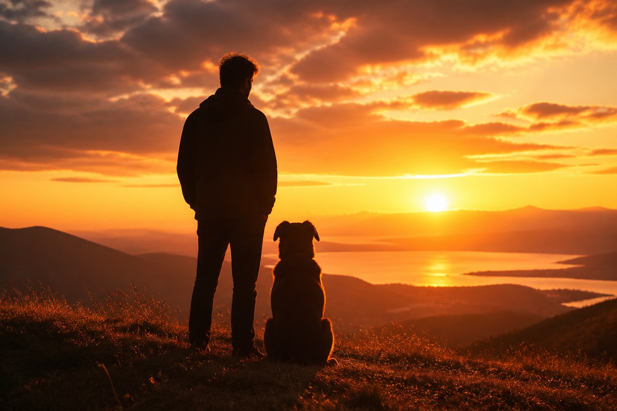 Person and dog silhouetted together on a hillside at sunset