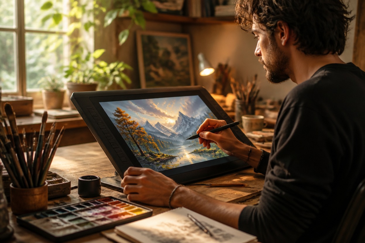 Artist painting in a detailed studio setting with coherent tools and composition