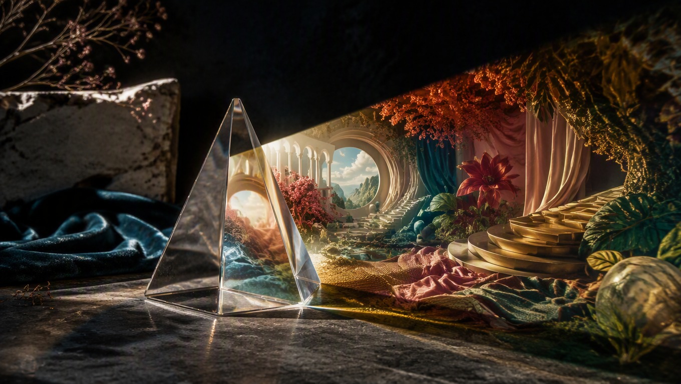 Glass prism in a surreal garden generated from a focused text prompt