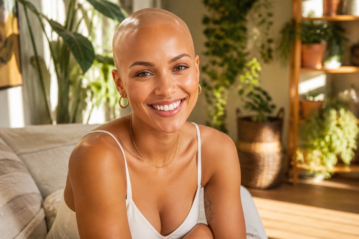Smiling bald woman standing in a sunlit, plant-filled room