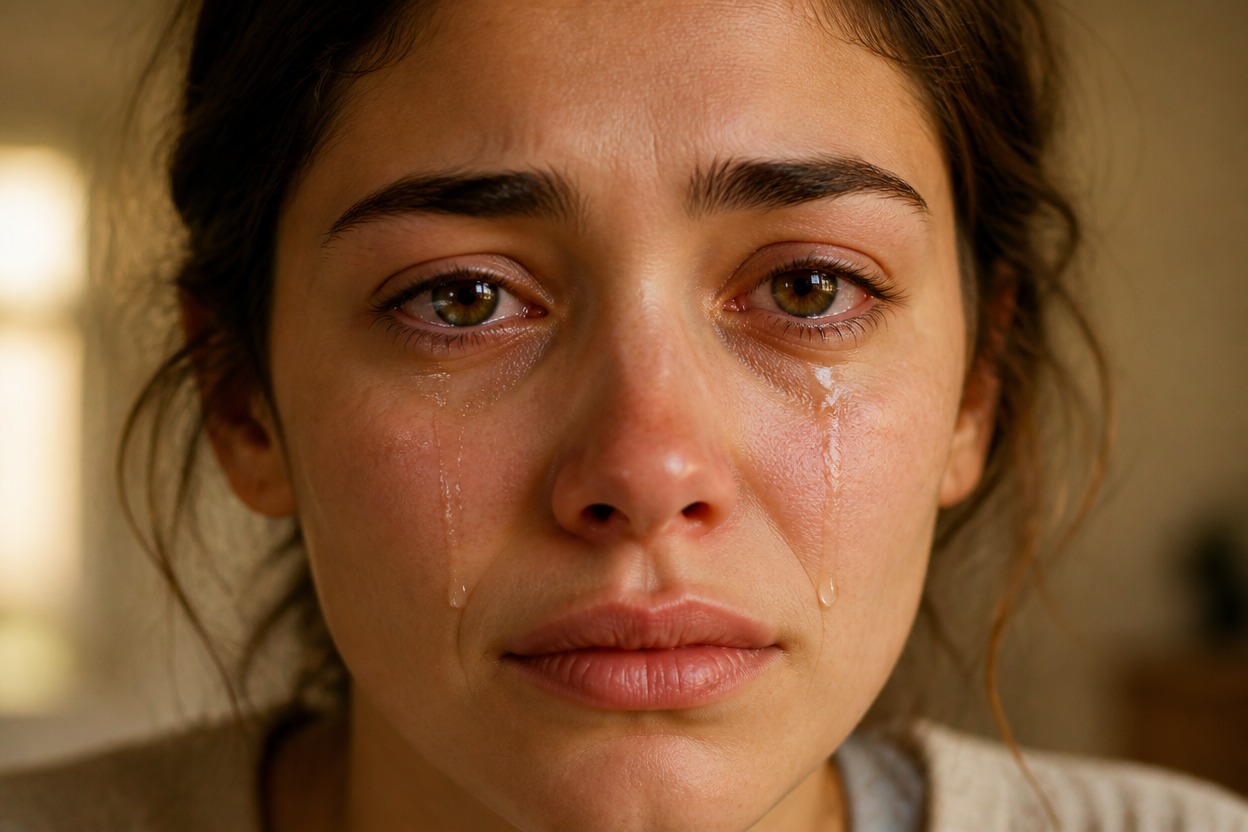 Close portrait with natural watery eyes and realistic tear detail