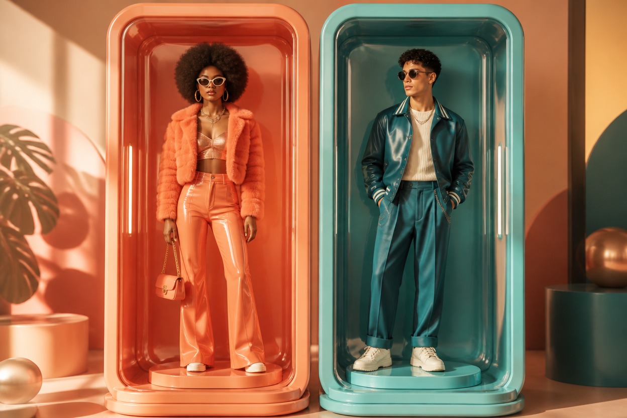Two fashion subjects in coral and teal collectible display settings