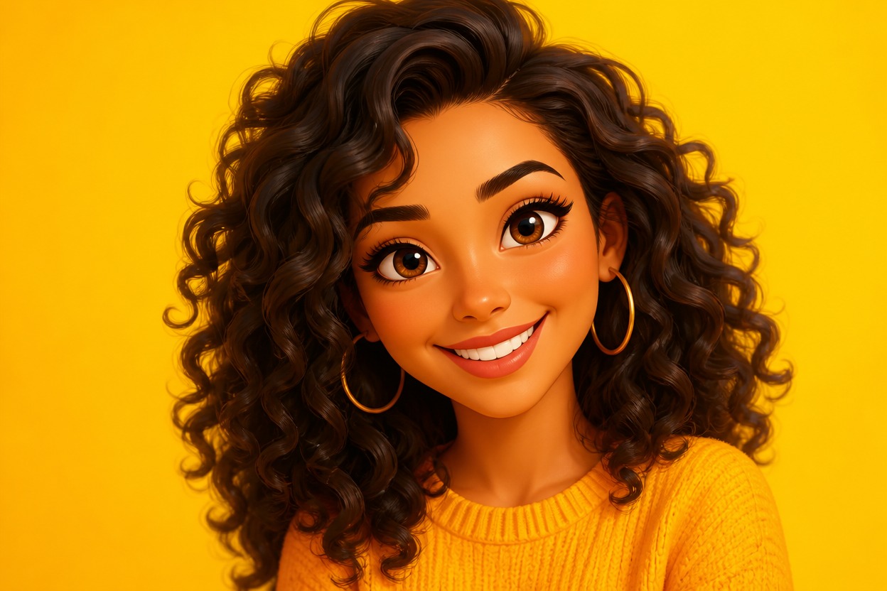 Smiling emoji-style woman with curly hair on a yellow background